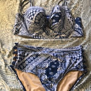 High waisted blue paisley bikini